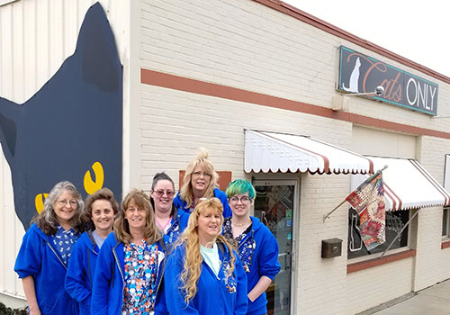 dr serbe and her staff outside the cat clinic in forsyth il